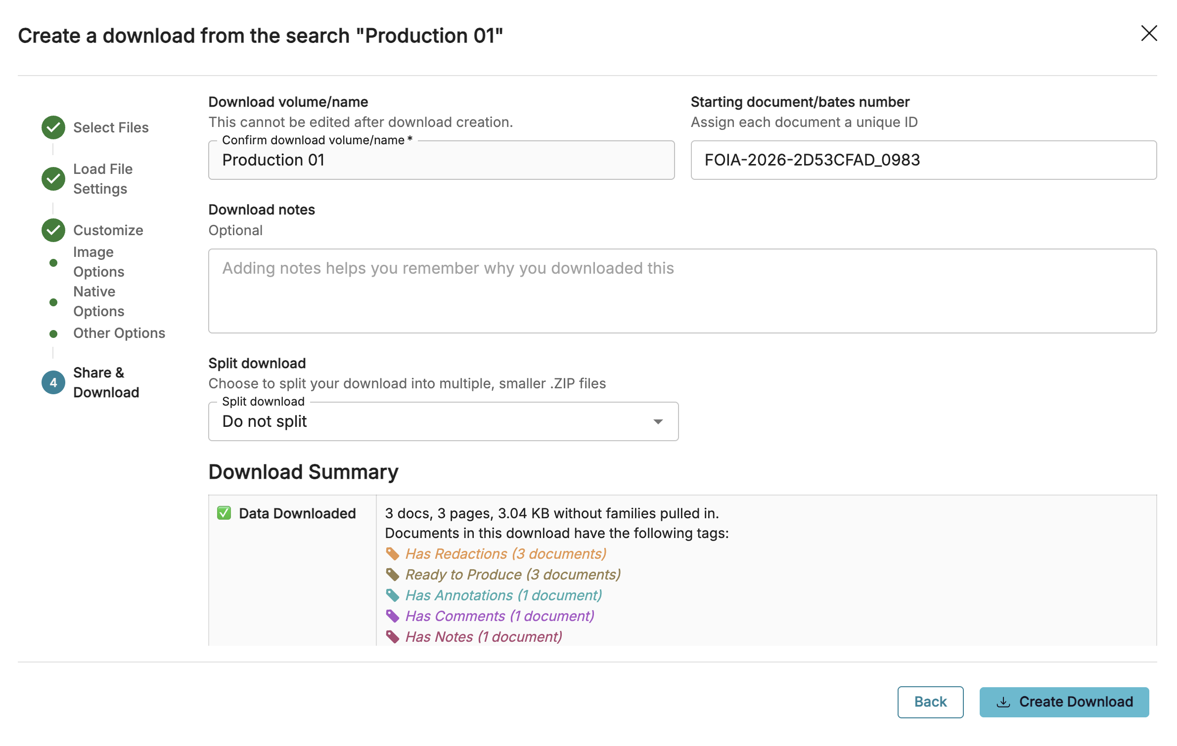 Download summary for documents with various annotations and redactions listed clearly.